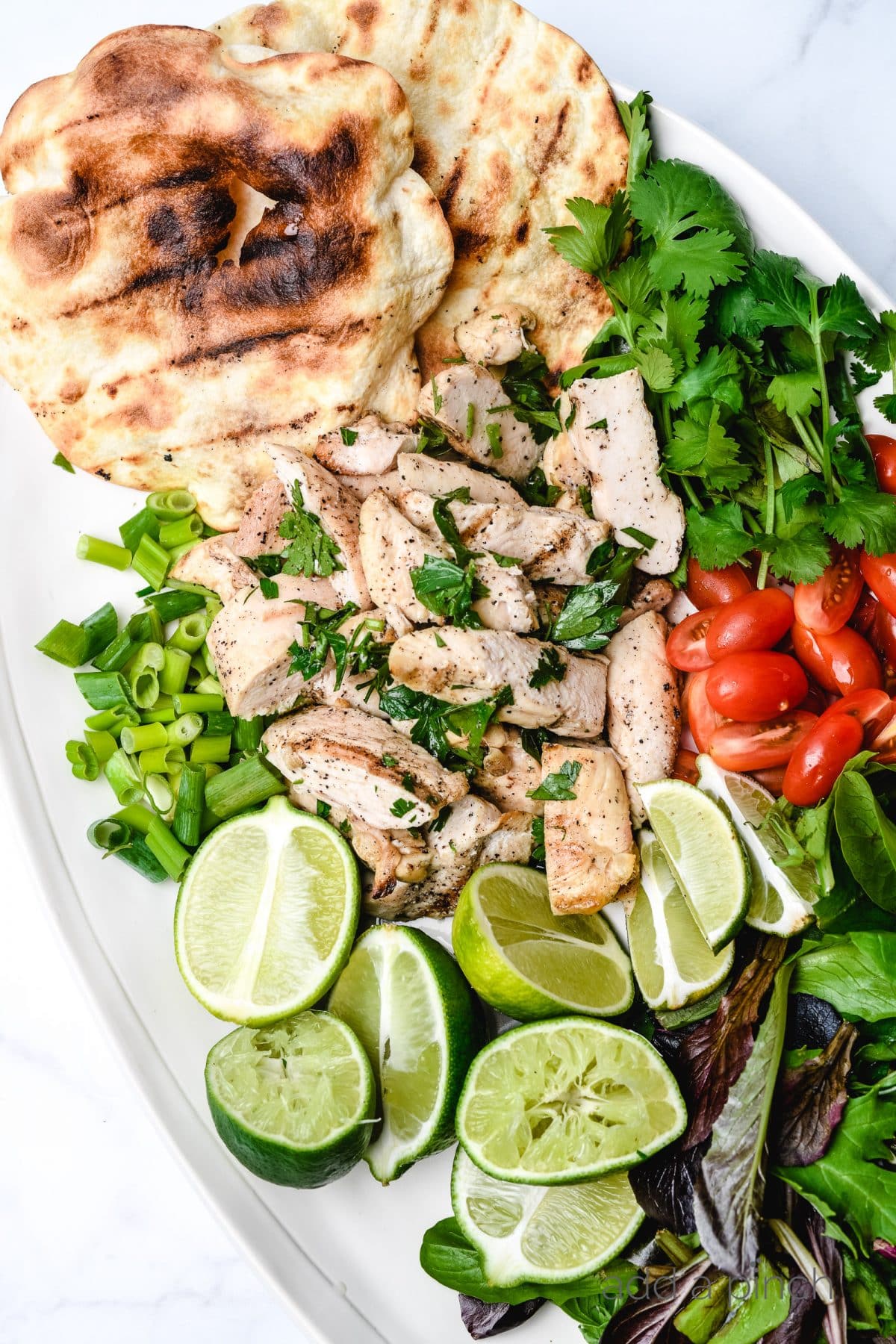 Chicken on a bed of large salad with fresh cilantro, tomatoes, onions, lime slices and grilled tortillas. 