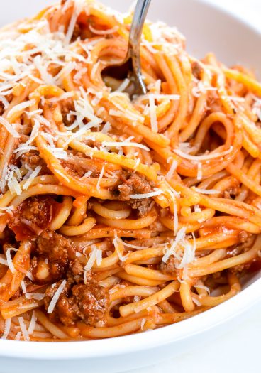 Instant Pot Spaghetti topped with parmesan cheese // addapinch.com