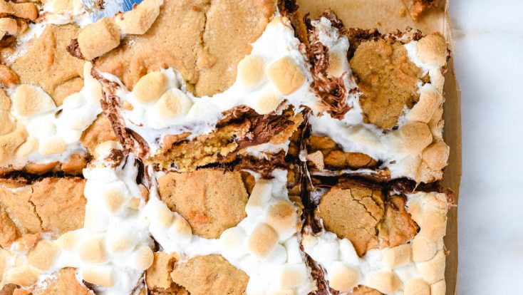 Smores blondies make an easy way to enjoy everyone's favorite campfire treat without having to camp! These smores bars are made with a delicious peanut butter blondie crust! // addapinch.com