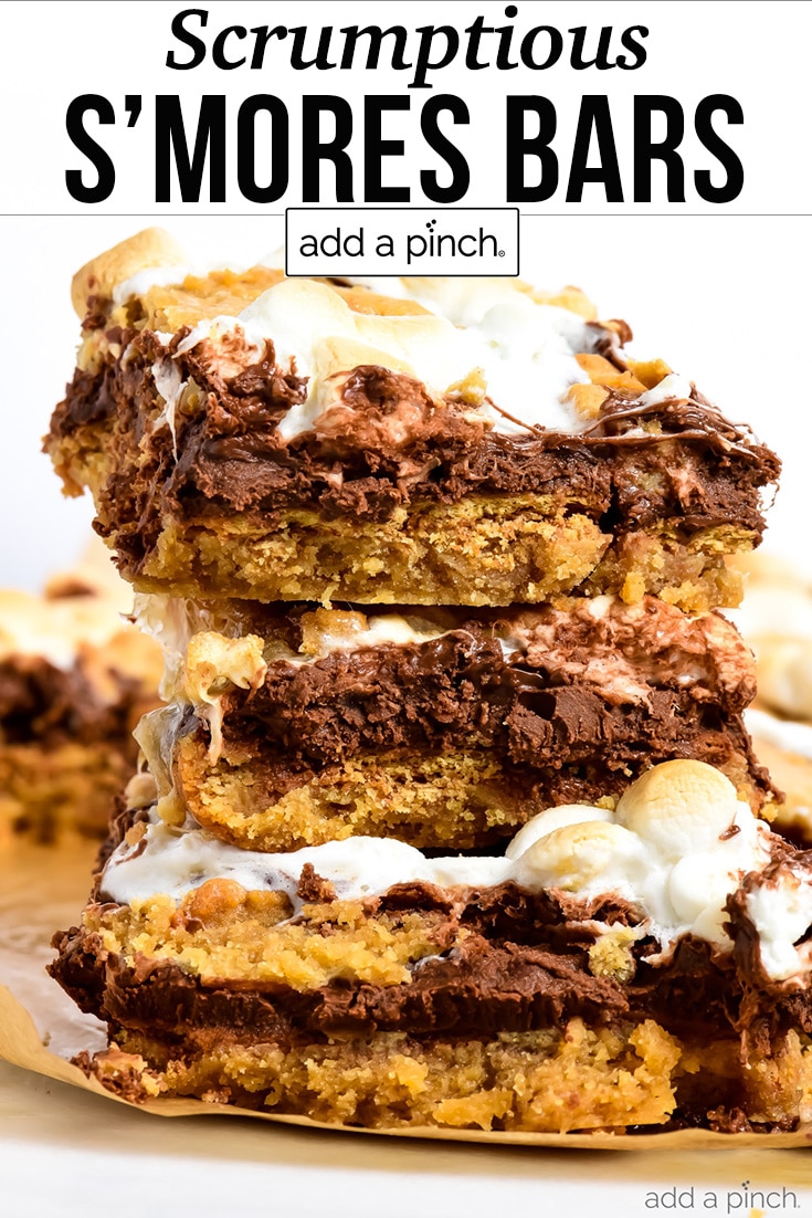 Stacks of s'mores bars with toasted marshmallow topping - text - addapinch.com