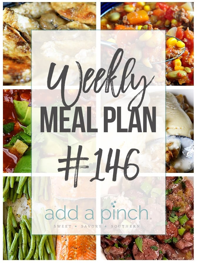 Weekly Meal Plan #146 collage of six recipes for the week. // addapinch.com