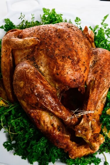 Photograph of golden brown roasted turkey served on a white platter with fresh herbs.
