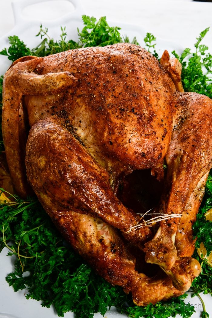 Fresh whole turkey on white background with herbs. Thanksgiving