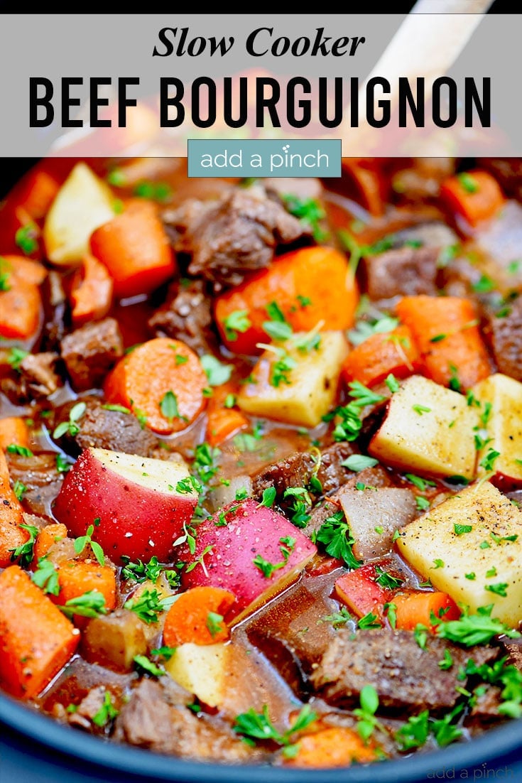 Slow Cooker Beef Bourguignon photo with text - addapinch.com