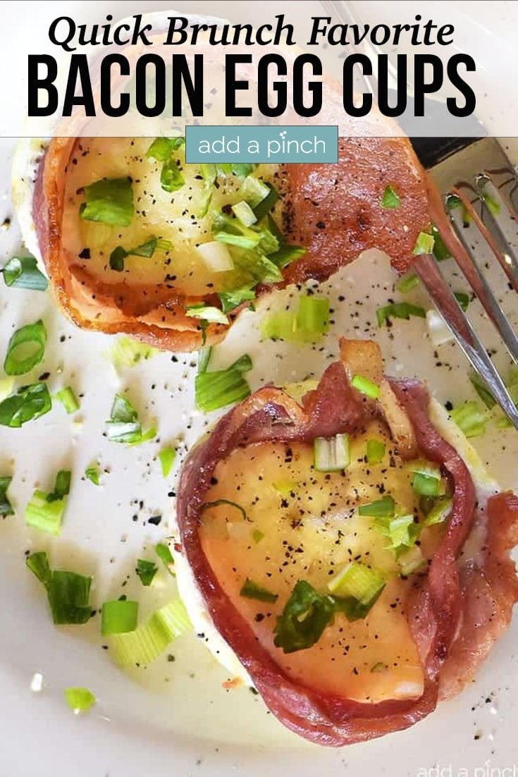 Bacon Egg Cups on plate photo with text - addapinch.com