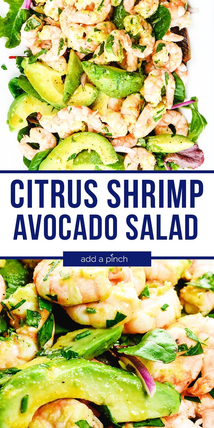 Citrus Shrimp Avocado Salad photo collage with text - addapinch.com