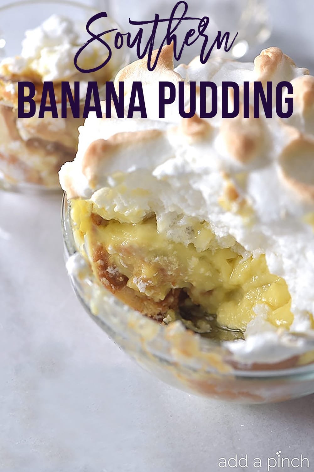 Southern Banana Pudding in glass bowl and a glass dessert dish - with text - addapinch.com