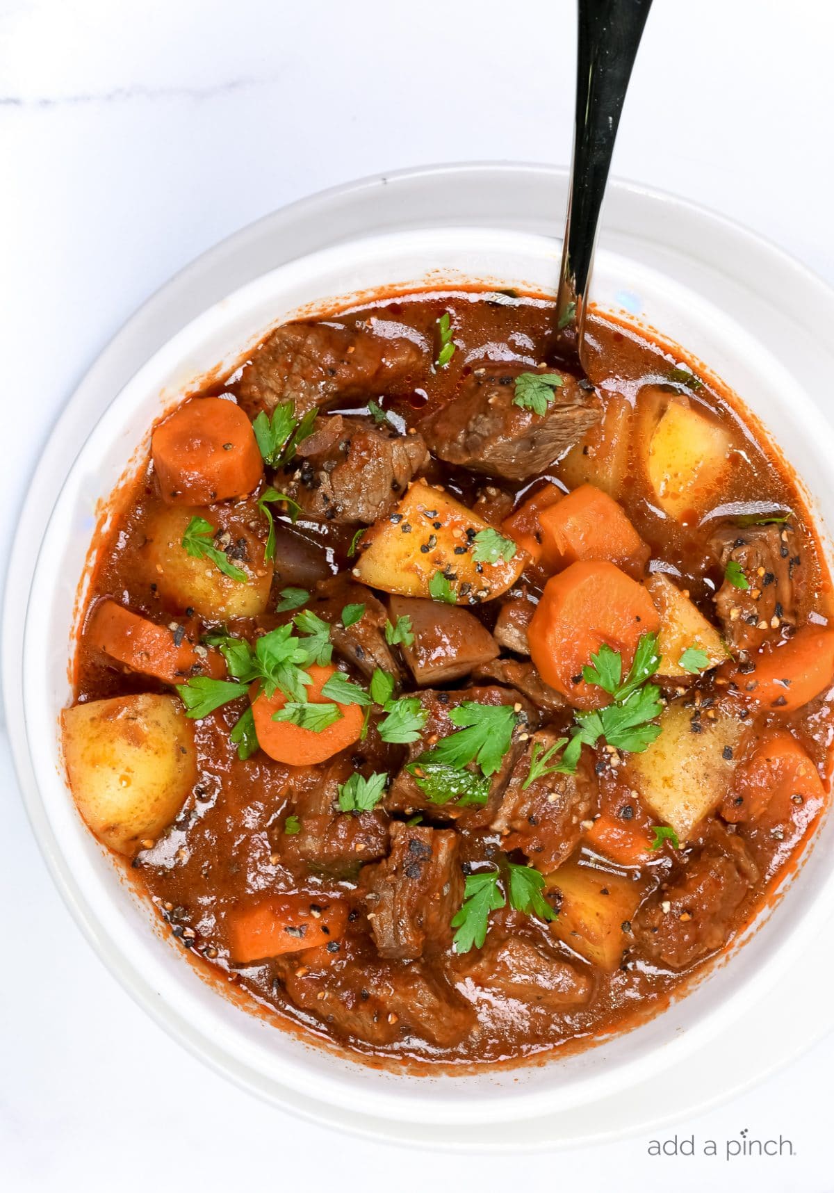 Picture of beef stew with carrots, potato chunks, tomato sauce, parsley, chunks of beef in a white bowl.