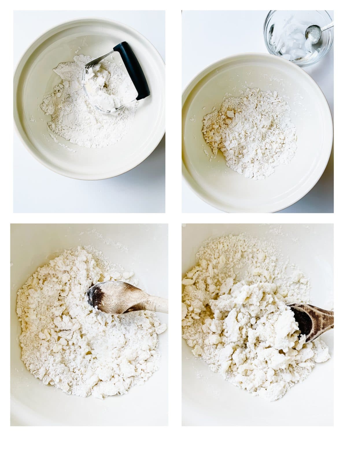 Step by step photo showing how to mix pie crust dough in four steps. White countertop, white bowl, pastry blender, glass with ice water and measuring spoon, and wooden spoon. // addapinch.com