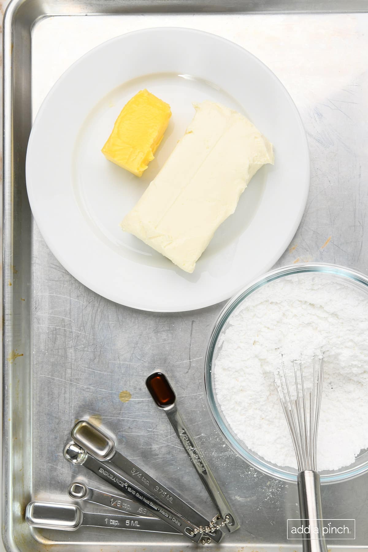 Ingredients needed to make the best cream cheese frosting.