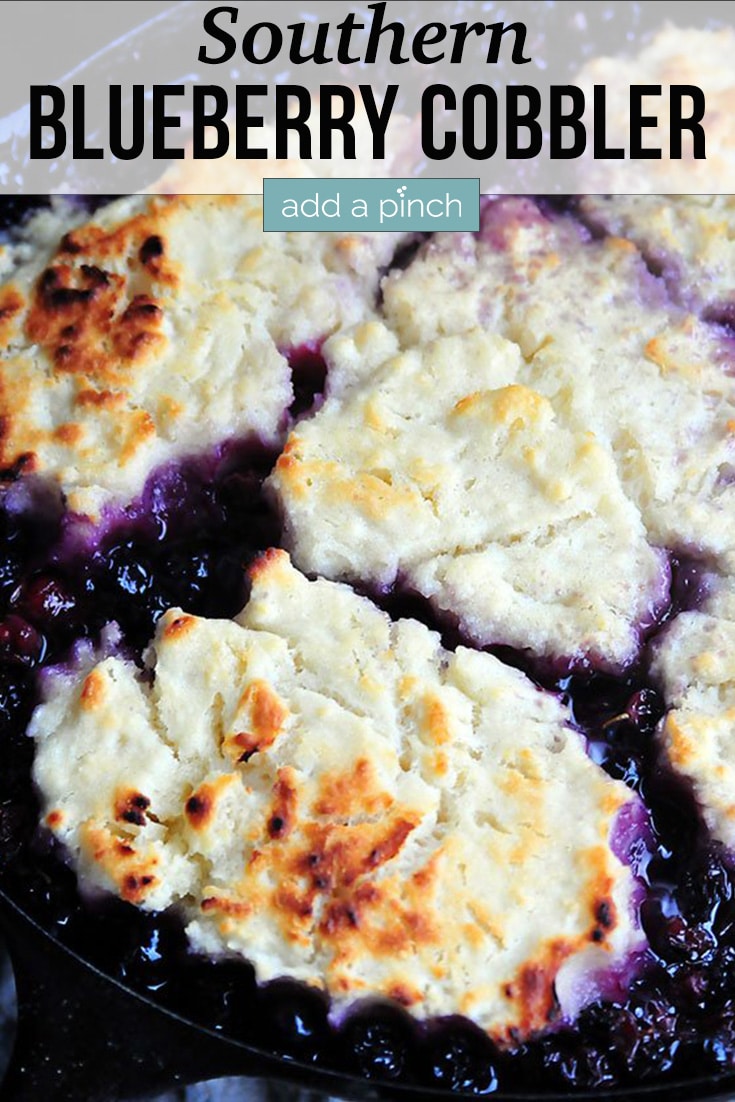Blueberry Cobbler with golden crust - with text - addapinch.com