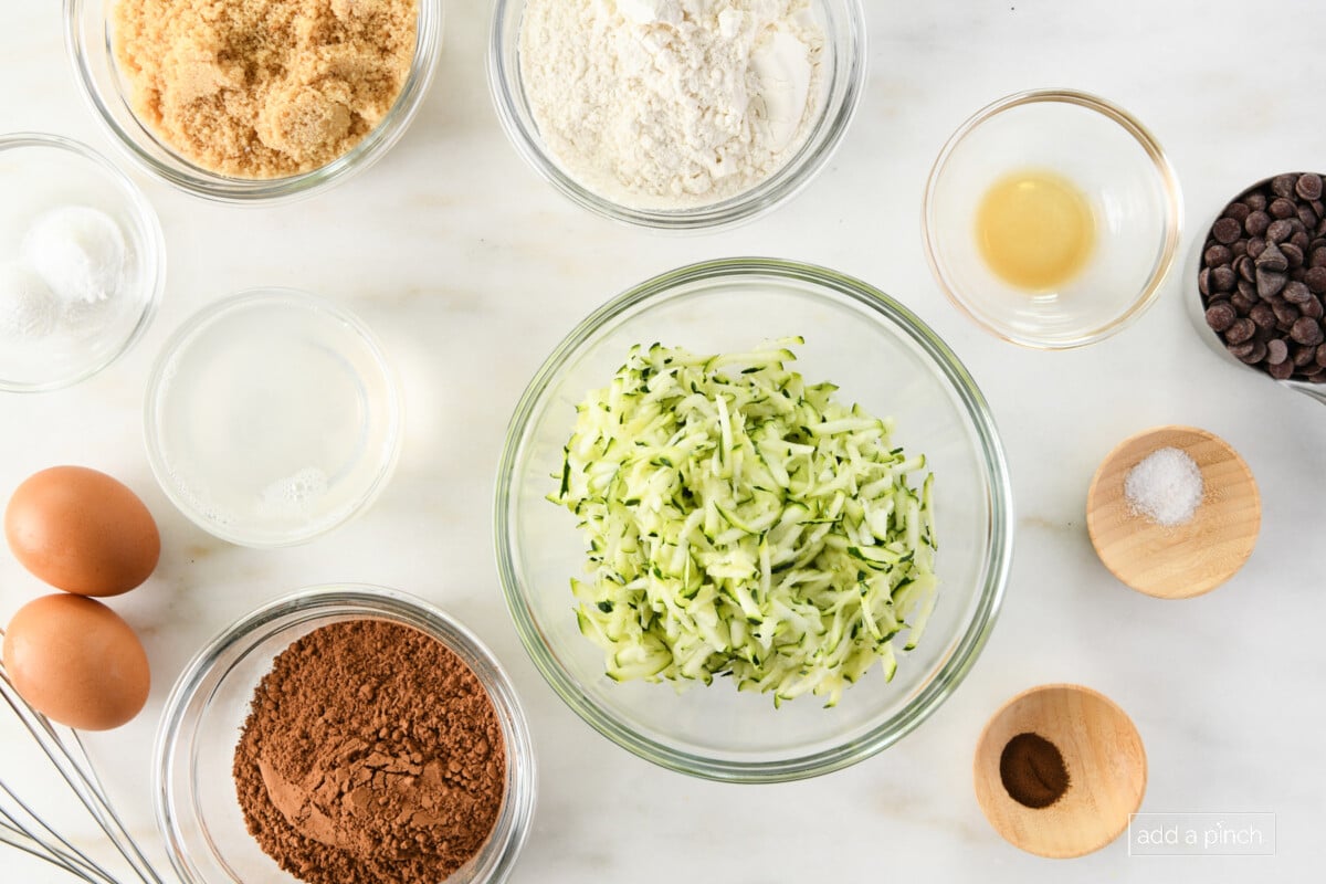 Ingredients used to make chocolate zucchini bread.