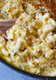 Closeup photograph of skillet Mac and Cheese