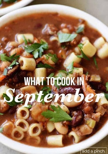 photograph of bowl of soup with text overlay "what to cook in September"