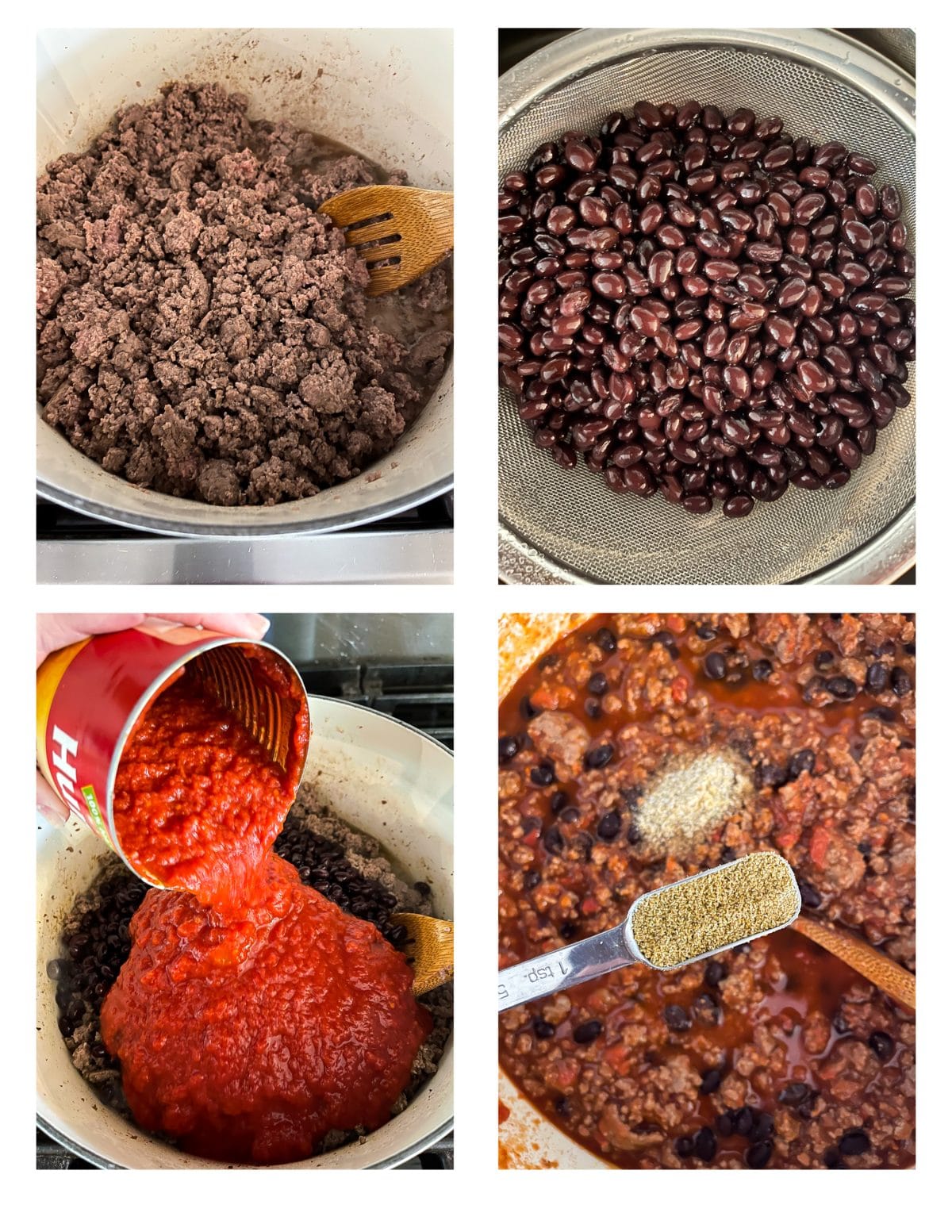 Collage of photos with step by step guide for making chili recipe. 