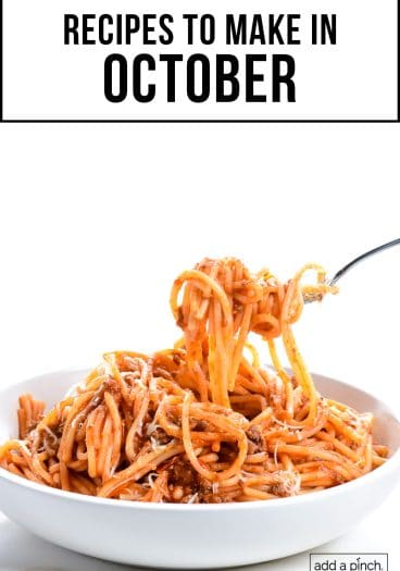 Photograph of instant pot spaghetti with text overlay.