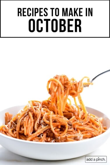 Photograph of instant pot spaghetti with text overlay.