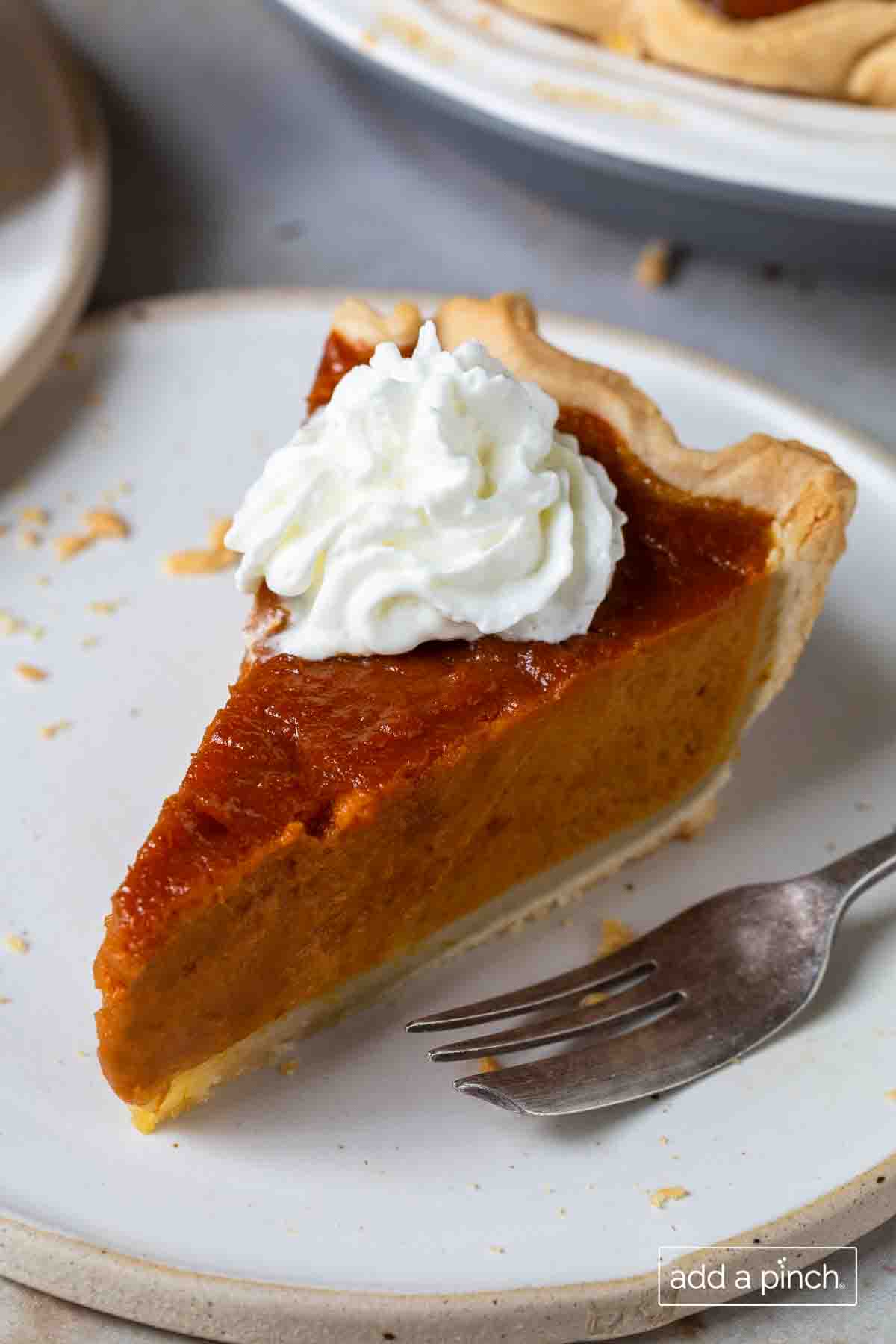 Slice of Pumpkin Pie on white plate with a fork with dollop of whipped cream on top.