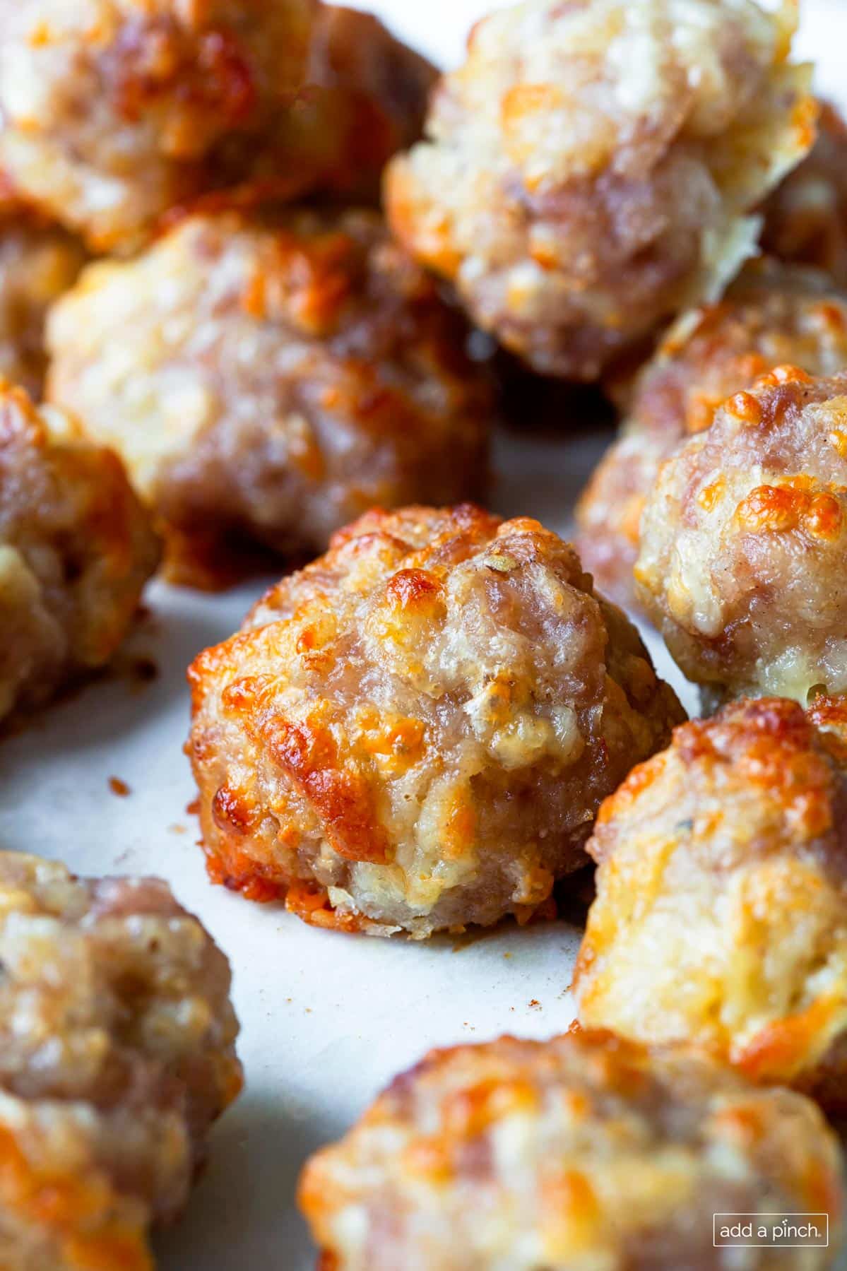 Up close image of cooked sausage balls.