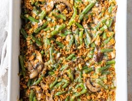 Green bean casserole with topping ready for final baking.