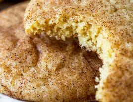Closeup photo of snickerdoodle with a bite out to show the soft texture.