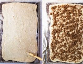 Step by step image of cinnamon roll dough filling being added.