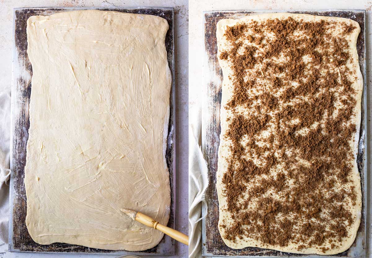 Photo collage of two photos with cinnamon roll dough rolled out onto metal sheet pan and spread with softened butter on photo on left and then covered with cinnamon roll. mixture in the photo on the right.