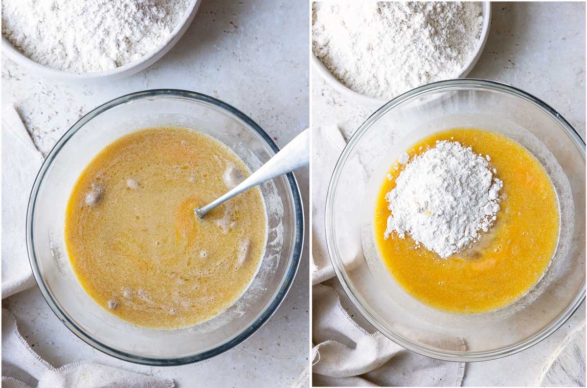 Two photos in collage showing process of making Cinnamon Roll recipe - Photo on left shows proofed yeast in glass bowl with melted butter, salt and eggs added and mixed. Photo on right shows the same with flour added. Bowl of flour in the background in both photos.