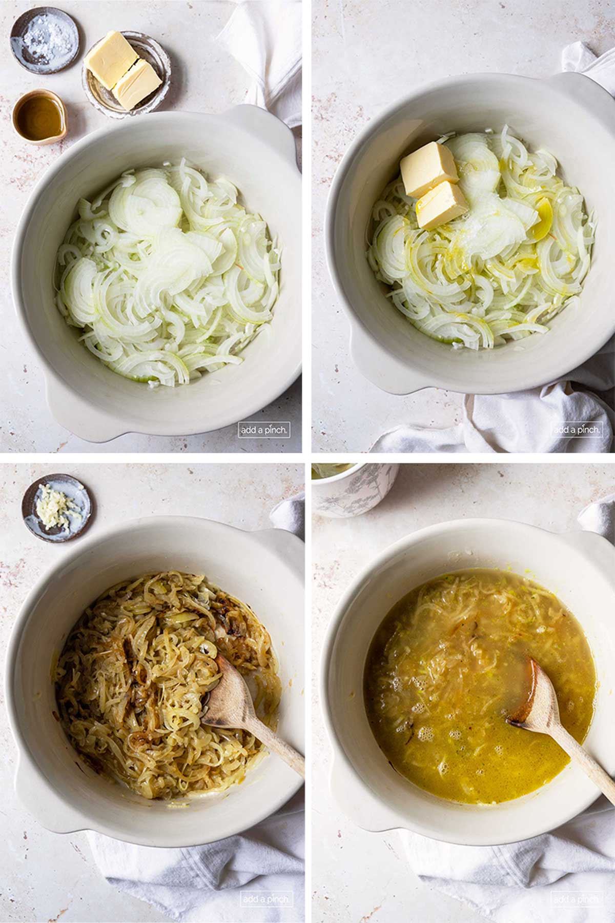 Four photos of French onion soup being cooked, with top left photo showing White Dutch oven filled with thinly sliced onions, top right photo shows butter added to the onions, bottom left photo shows onions have caramelized and cooking, bottom right showed broth has been added and soup is cooking. 