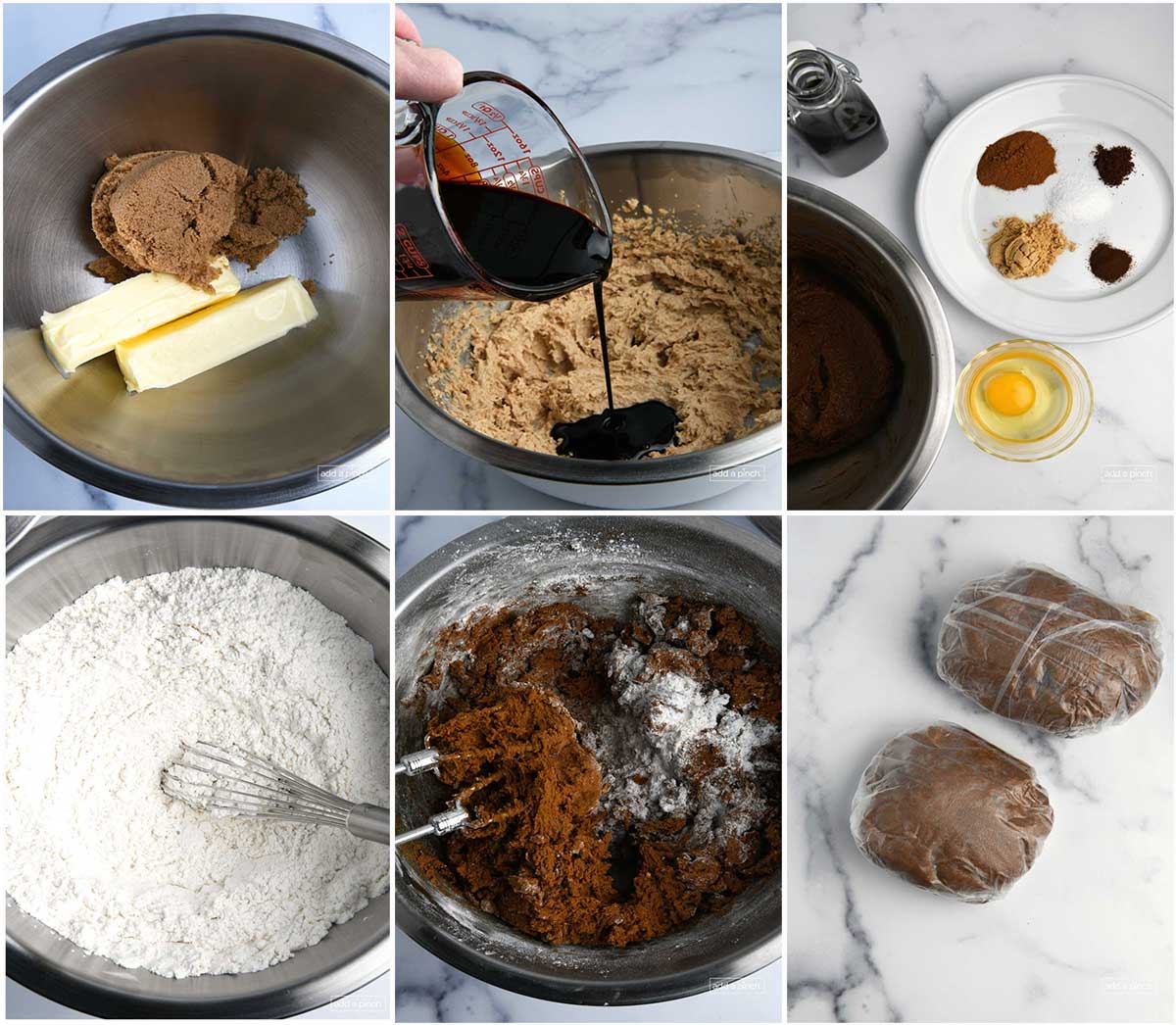 Group of six step-by-step images illustrating how to make the gingerbread. 