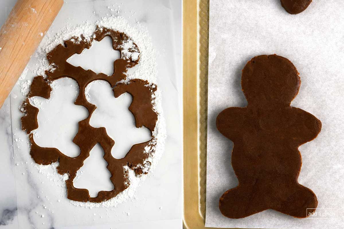 Photo collage showing how step-by-step instructions for rolling the gingerbread cookie dough and cutting the cookies.