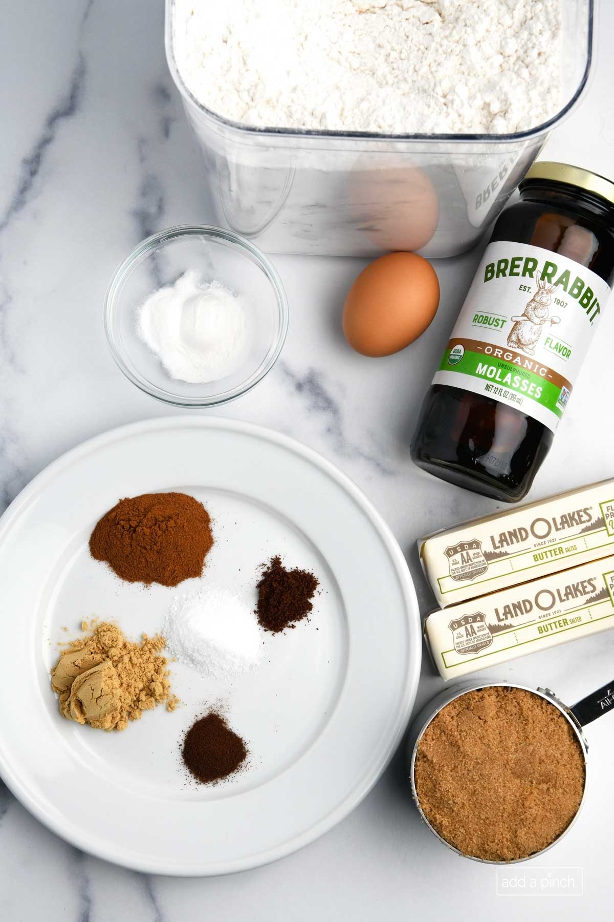 Photograph showing ingredients for making gingerbread cookie recipe.