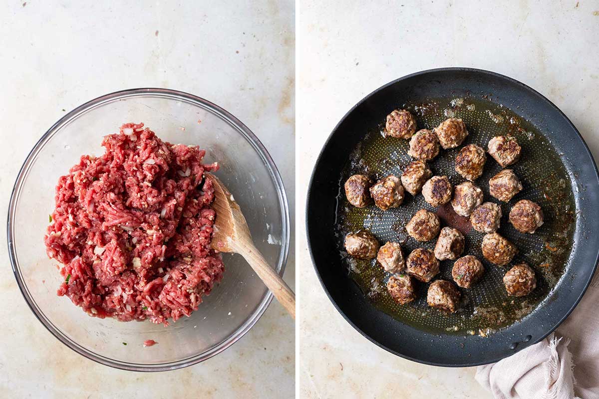Two side by side photos showing how to make the meatballs for Swedish meatballs recipe.