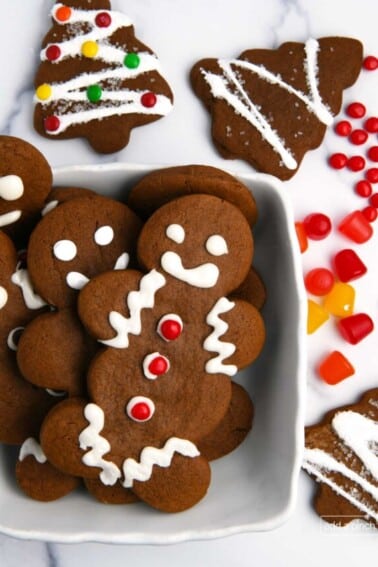 Image of decorated gingerbread cookies with assorted decorations.