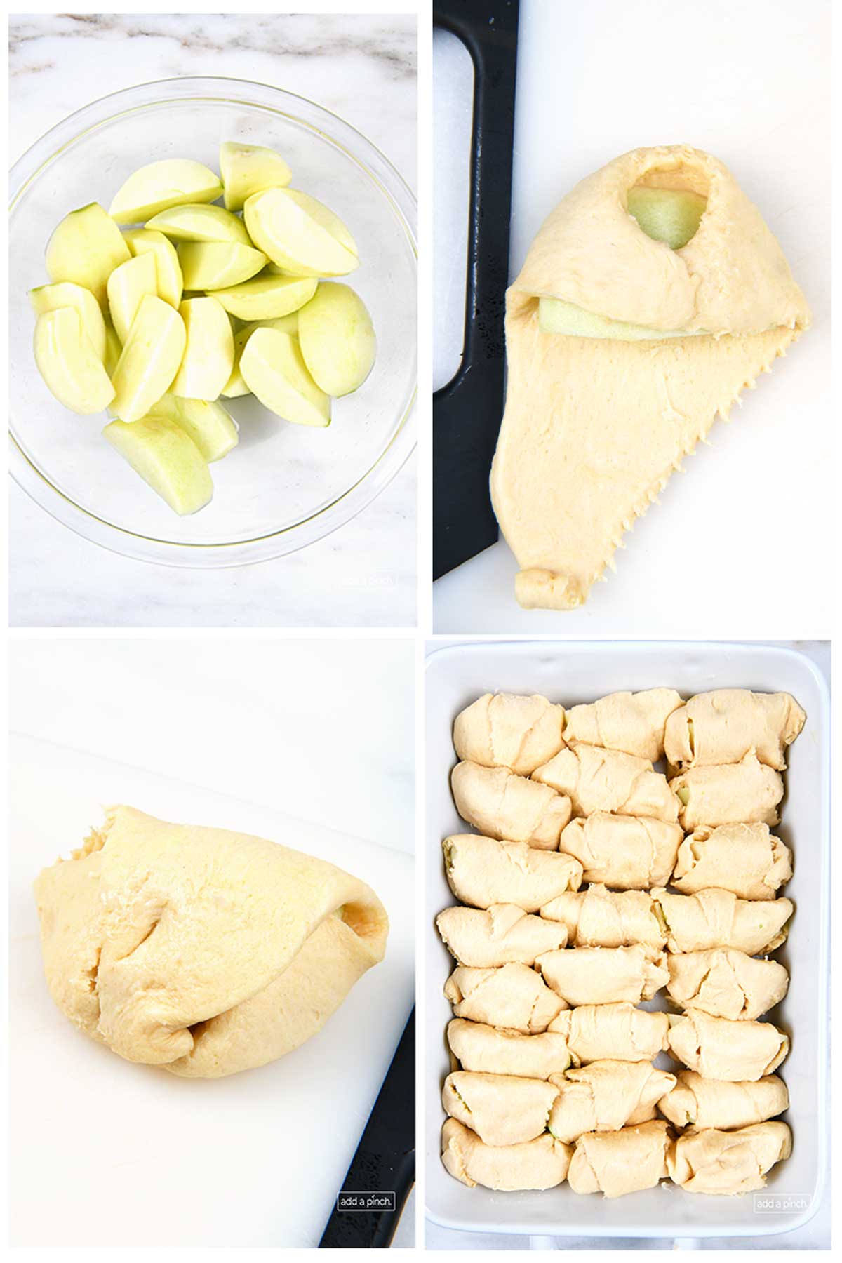 Photo of four images in a collage depicting how to prepare and wrap apples for apple dumplings. 