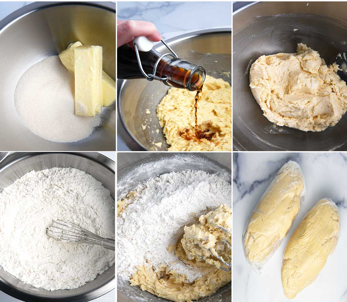 Collage image of step-by-step instructions for making the dough for cut-out sugar cookies recipe.