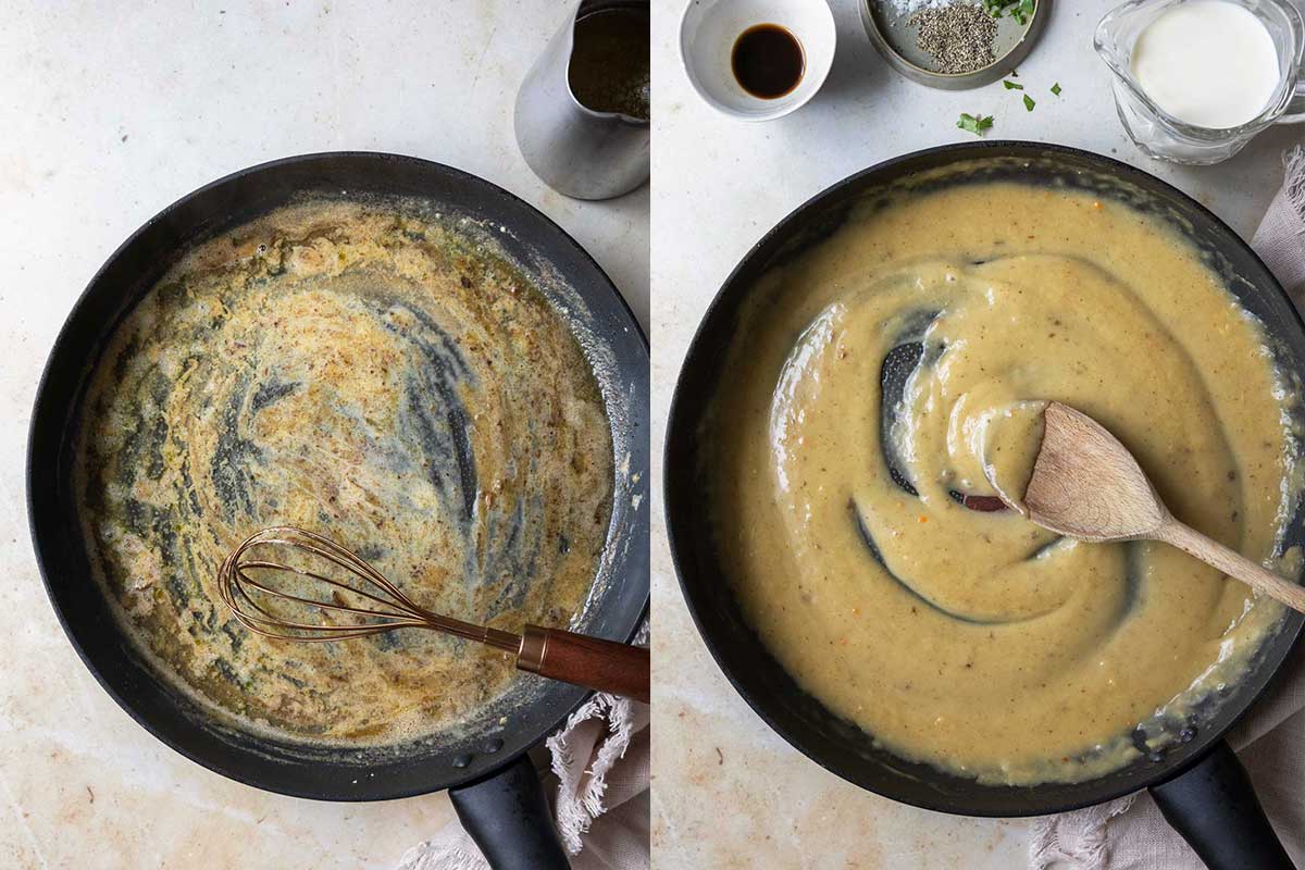 Two images showing the beginning steps for making Swedish Meatball sauce.