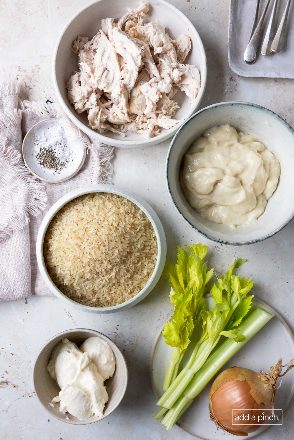 Photo of ingredients used to make chicken and rice casserole.