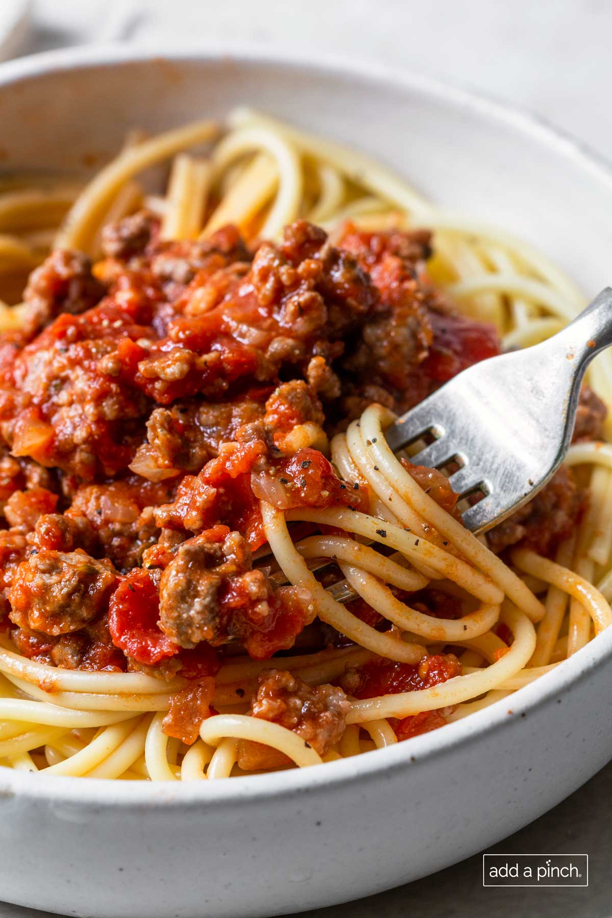 Photo of white bowl filled with easy spaghetti sauce on noodles twirled around a fork.