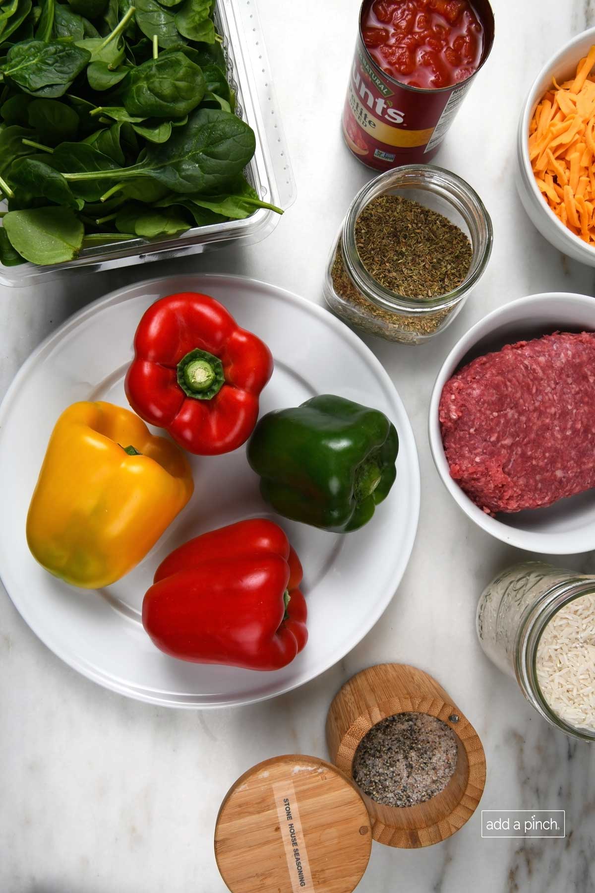 Ingredients used to make easy stuffed peppers recipe.
