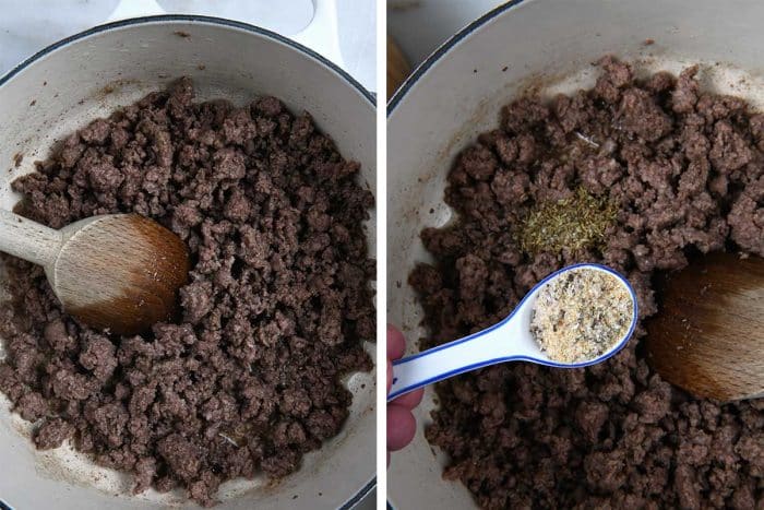Two photos side by side showing step by step instructions of making stuffed peppers by browning meat and adding seasonings.