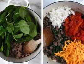 Photo of fresh spinach added to ground beef in a dutch oven and then cooked rice, tomatoes, and cheese added to the meat mixture.