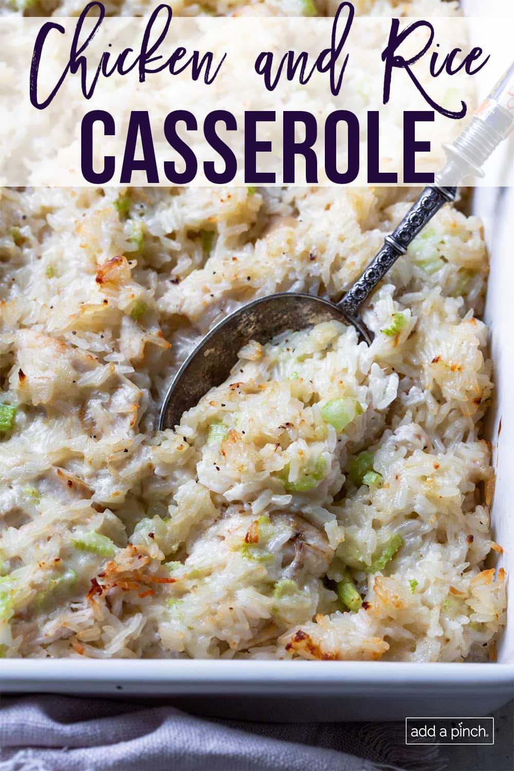 Casserole dish with chicken, rice, celery and a spoon - with text - addapinch.com