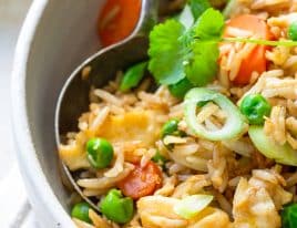 Photo of fried rice recipe in a white bowl.