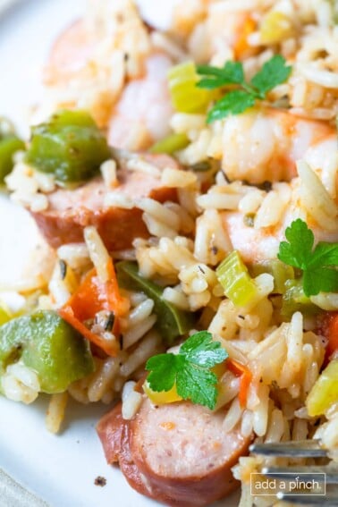 Photo of jambalaya on a white plate.