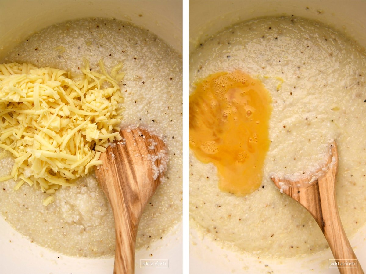 Photo of cheese and egg added to cooked grits.