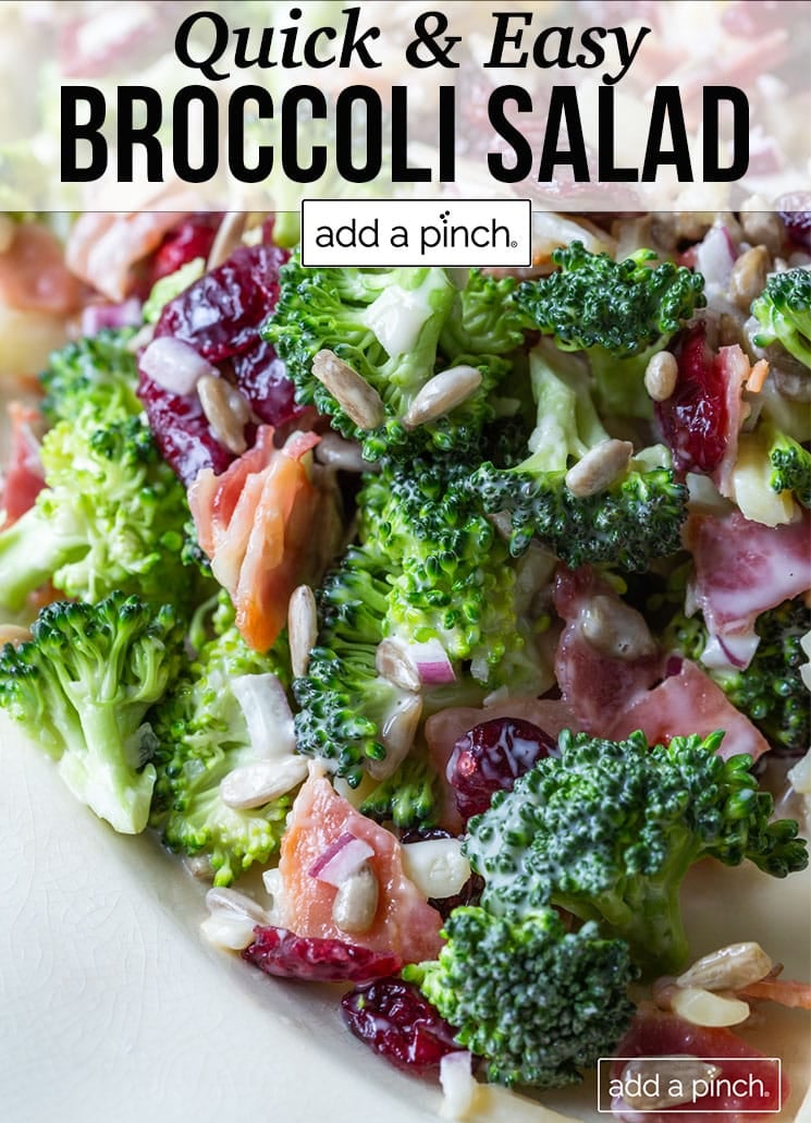 Fresh broccoli, bacon, dried cranberries, sunflower seeds create a broccoli salad - with text - addapinch.com