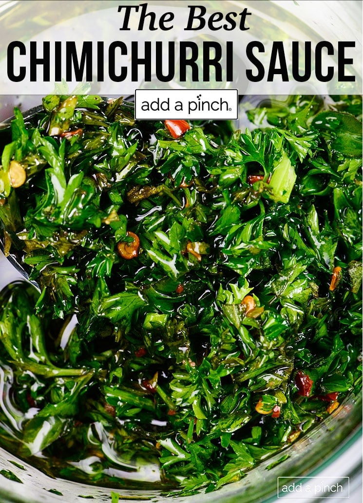 Glass bowl with fresh chimichurri - with text - addapinch.com