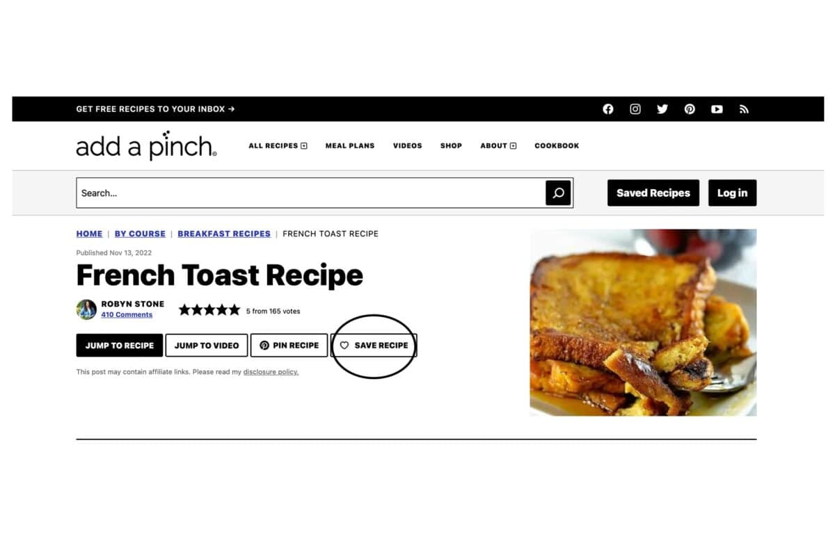 Add a Pinch How to Save Recipes Step by Step Guide - Step 2 / Look for the Save Recipe Button