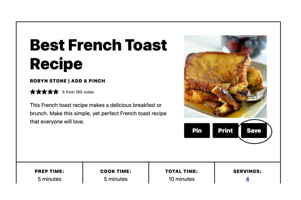 Add a Pinch Save Recipe Instruction Guide photo showing how to save recipe from the recipe card.